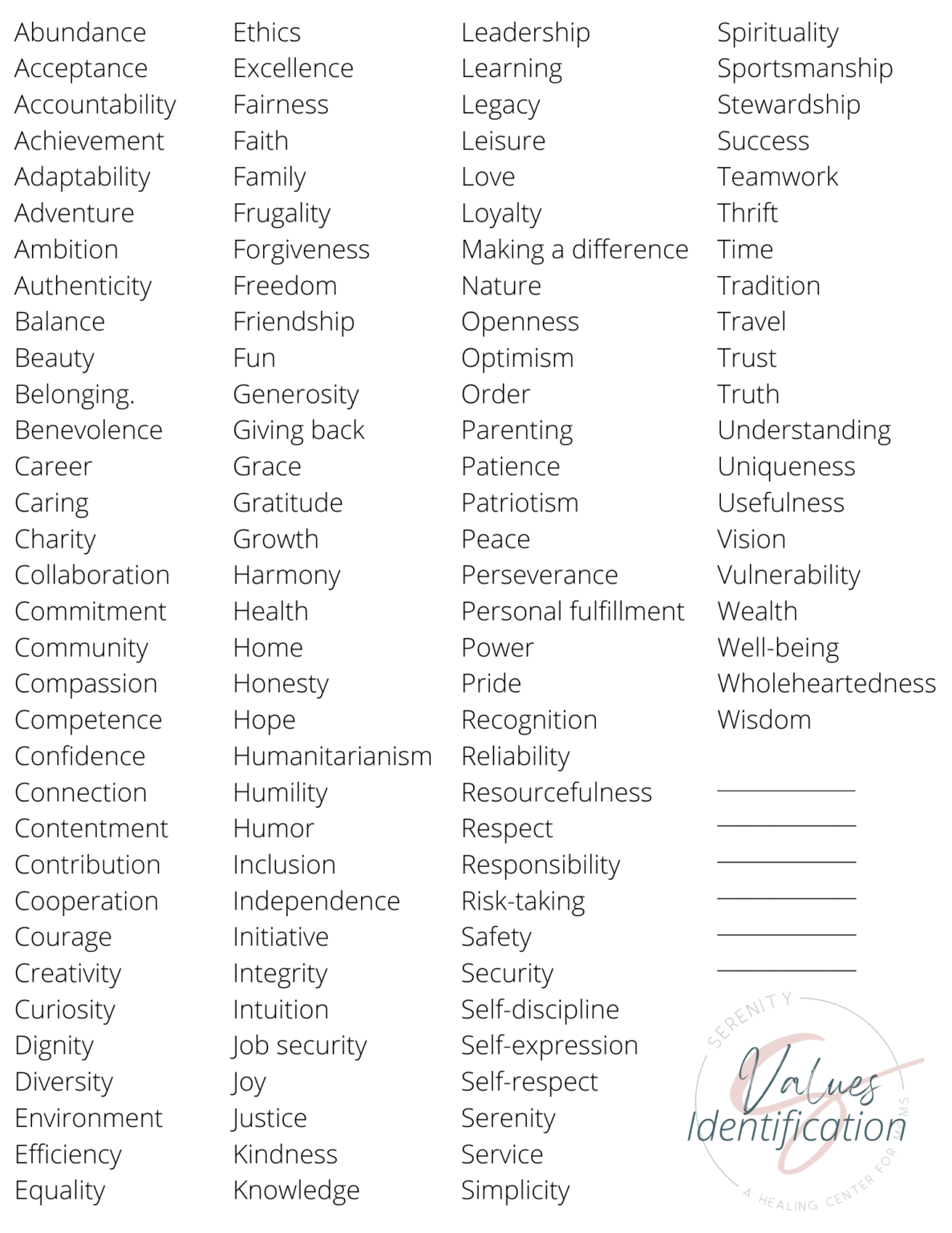 Values Identification and Clarification | Serenity Recovery & Wellness
